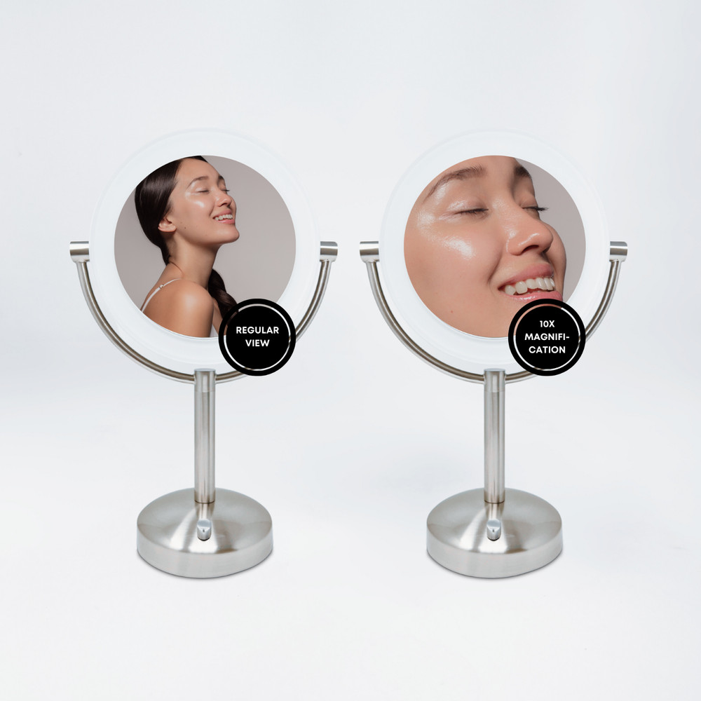BROOKSTONE | 1X/10X Magnifying Double-Sided Lighted A/C Plug-In Tabletop Mirror