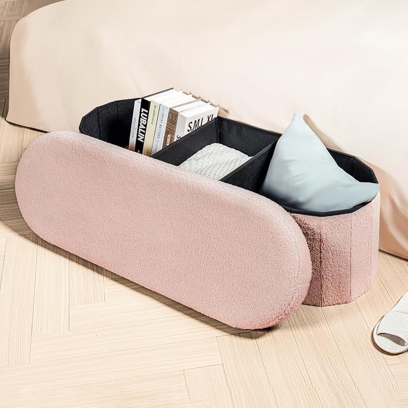 Folding Storage Ottoman Soft Boucle Bench Comfortable Multiuse 600lbs Capacity