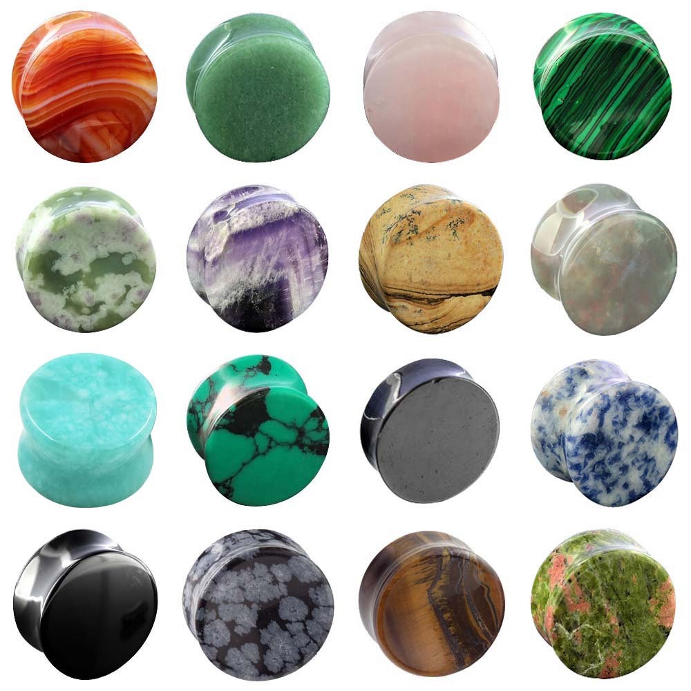Natural Stone Ear Plugs Ear Gauges Double Flares Flesh Tunnels Saddle Plug-PAIR