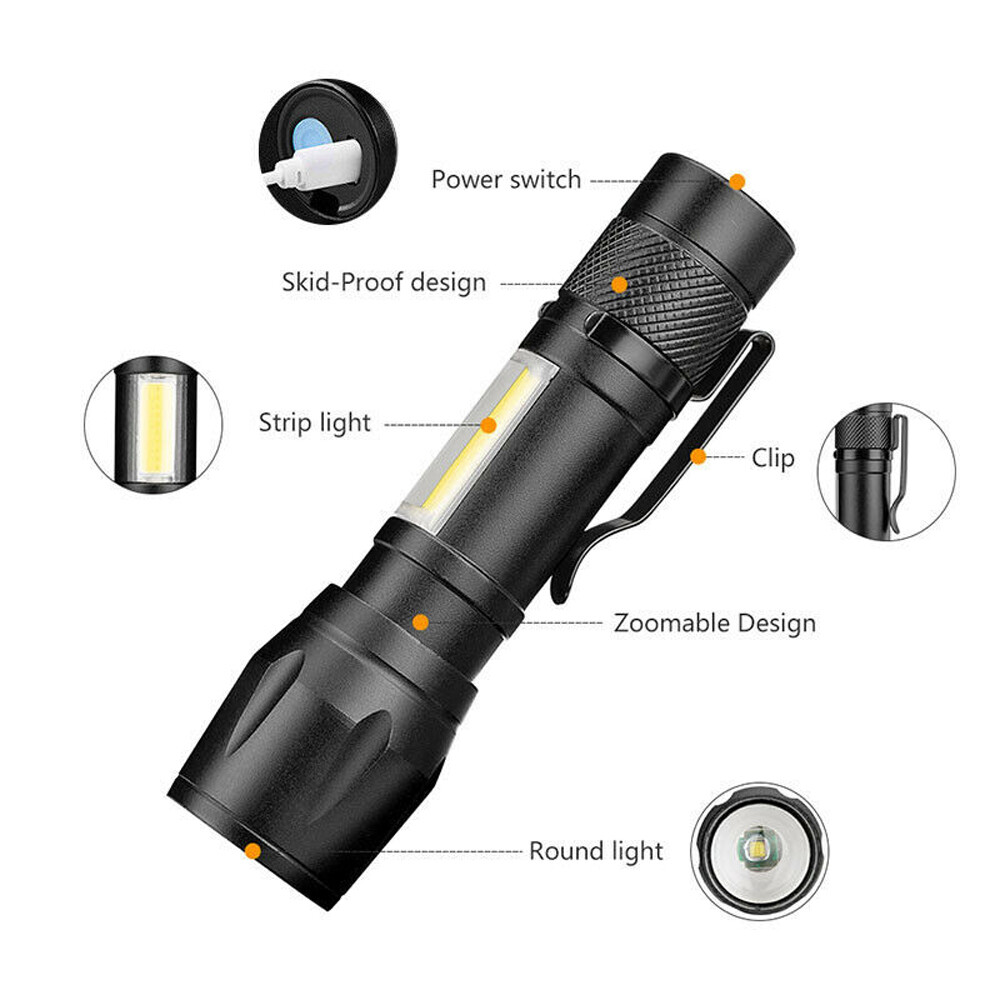 2 Pack Tactical LED Flashlight USB Rechargeable 3Modes Light Zoomable Lamp Torch