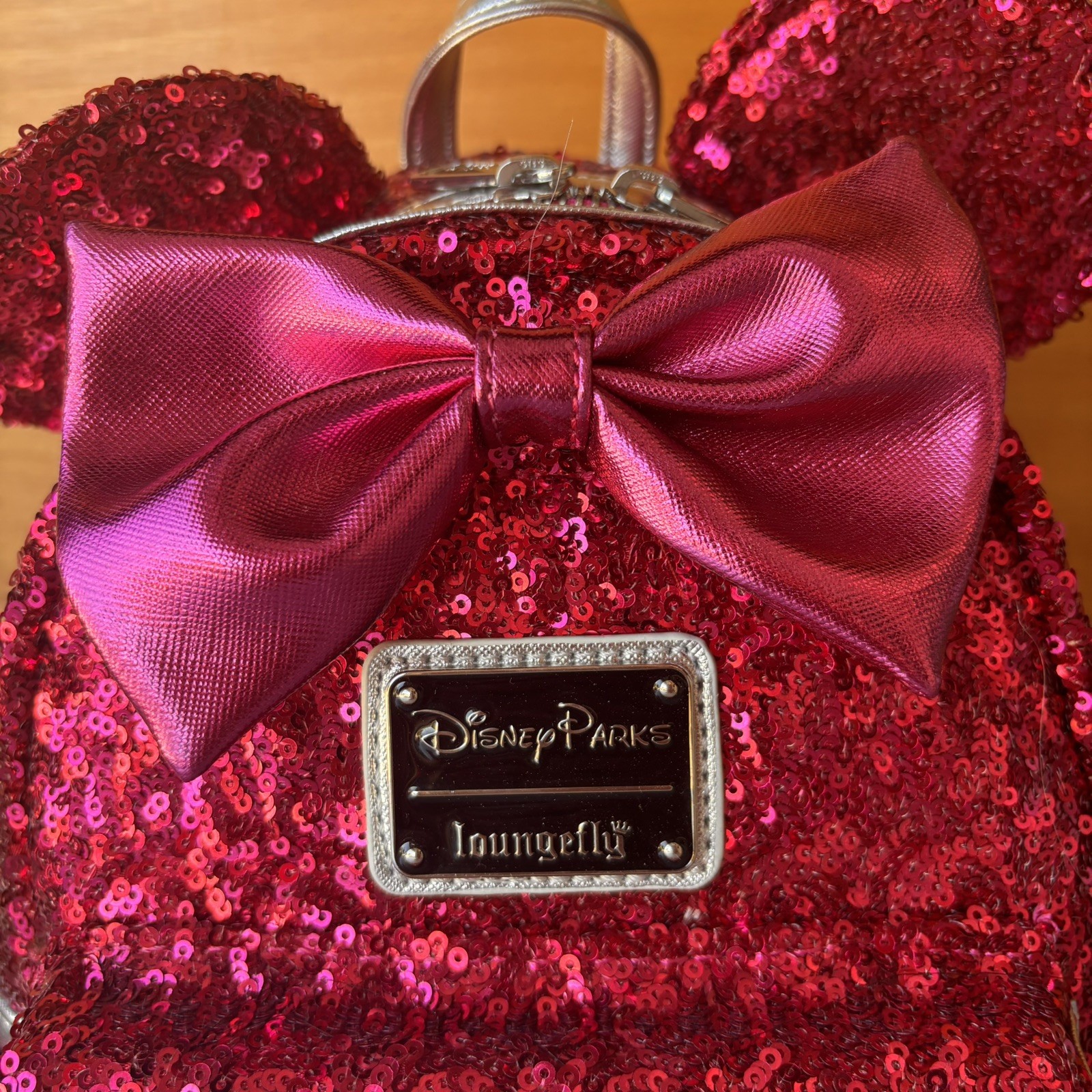 New Loungefly Disney Magenta Sequin Mini Backpack Sparkle Bow Minnie Mouse Pink