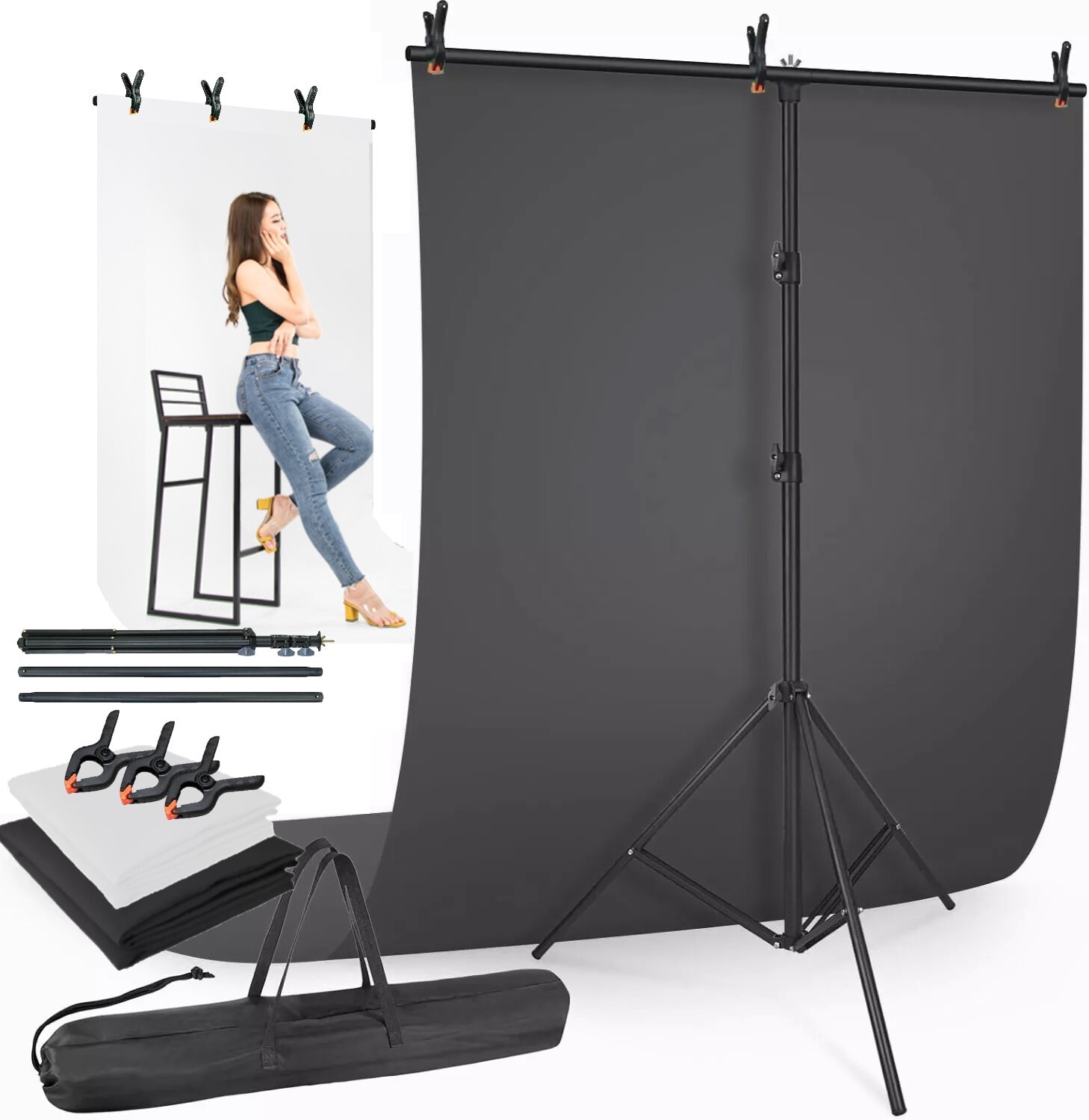 LINCO Photo T-Shape Backdrop Stand Black/White 2 Backdrops Support Kit - AM207