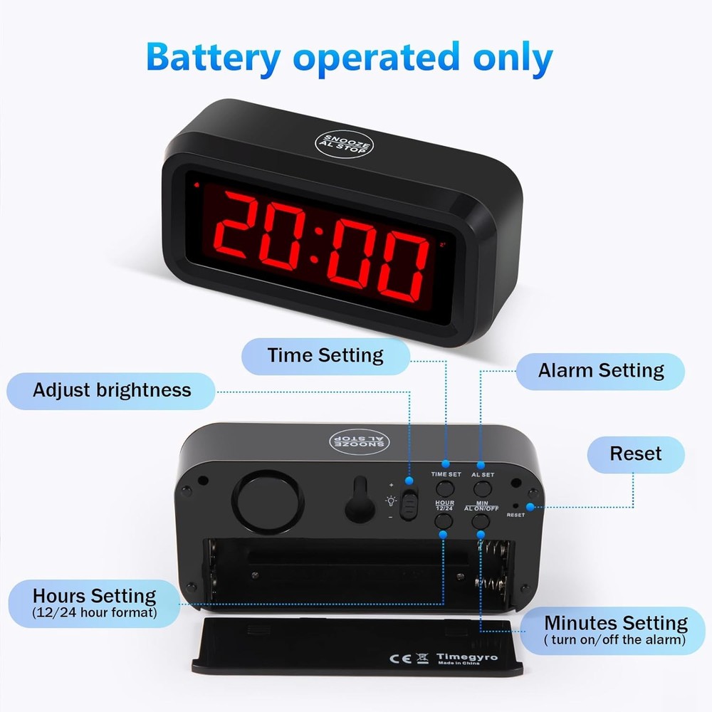 Battery Powered LED Alarm Clock Adjustable Brightness
