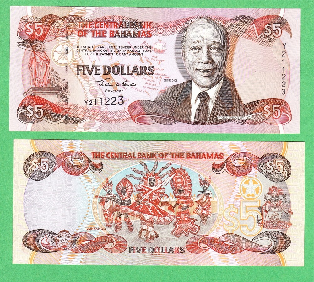 Bahamas 5 Dollar  Note  P-63b    UNCIRCULATED