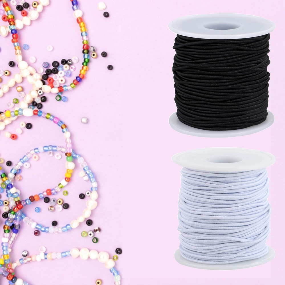 Stretchy String for Bracelets, 2 Rolls White Black (1.5mm), Black&white