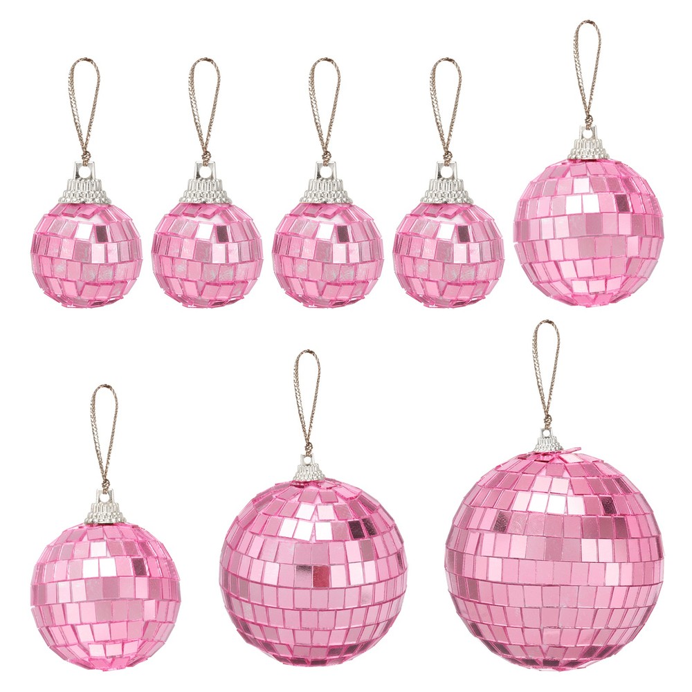 32Pcs, 1/2/3/4"" Party Mirror Balls with Pink Hanging Ring