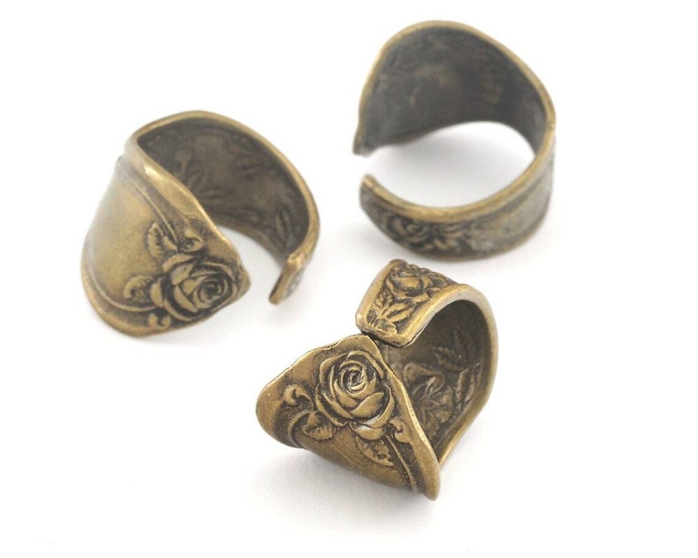 Spoon Ring Flower Patterned Adjustable Ring Antique Bronze Plated brass 3383