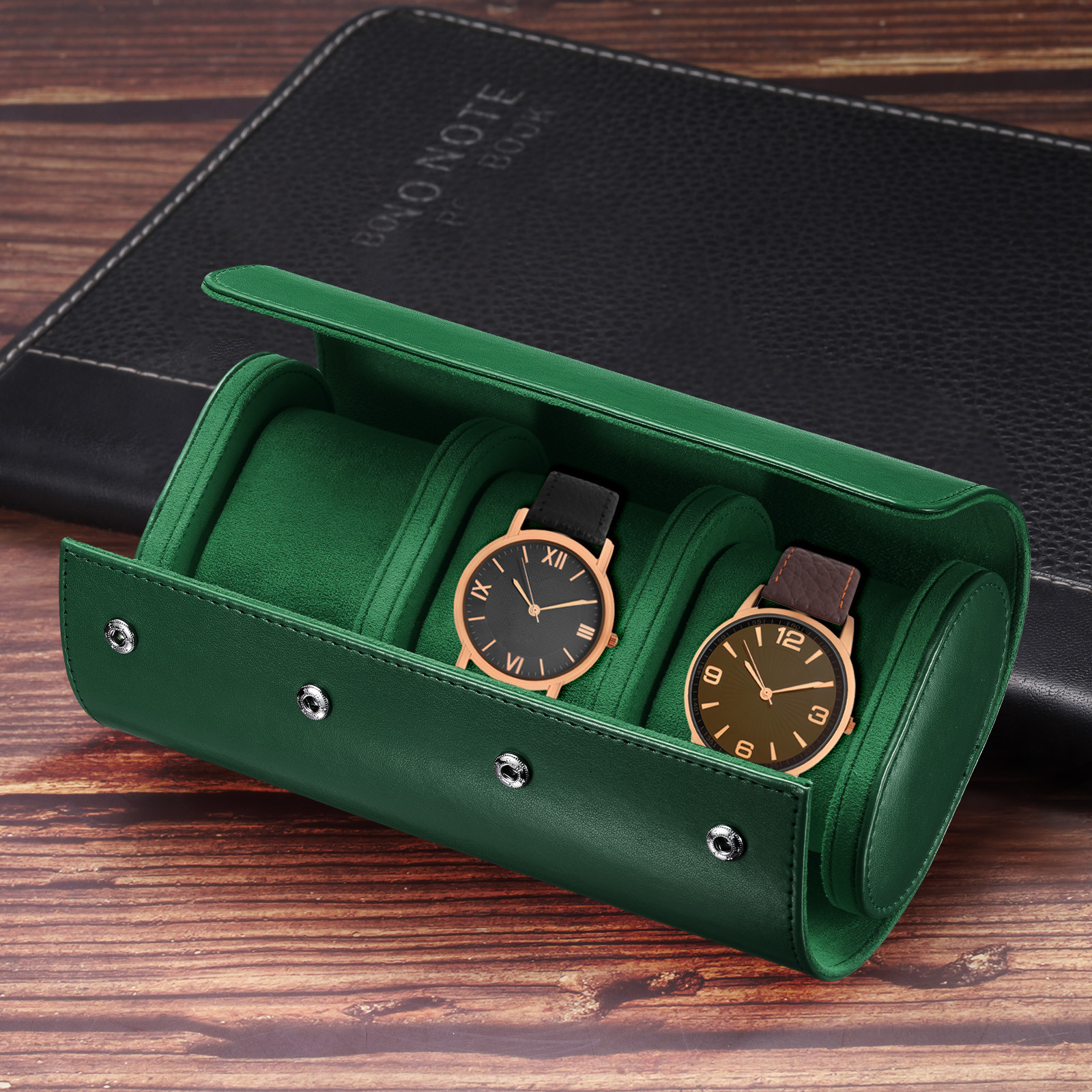 Leather Watch Travel Case for Men Women Watch Holding, 3 Slot, Green