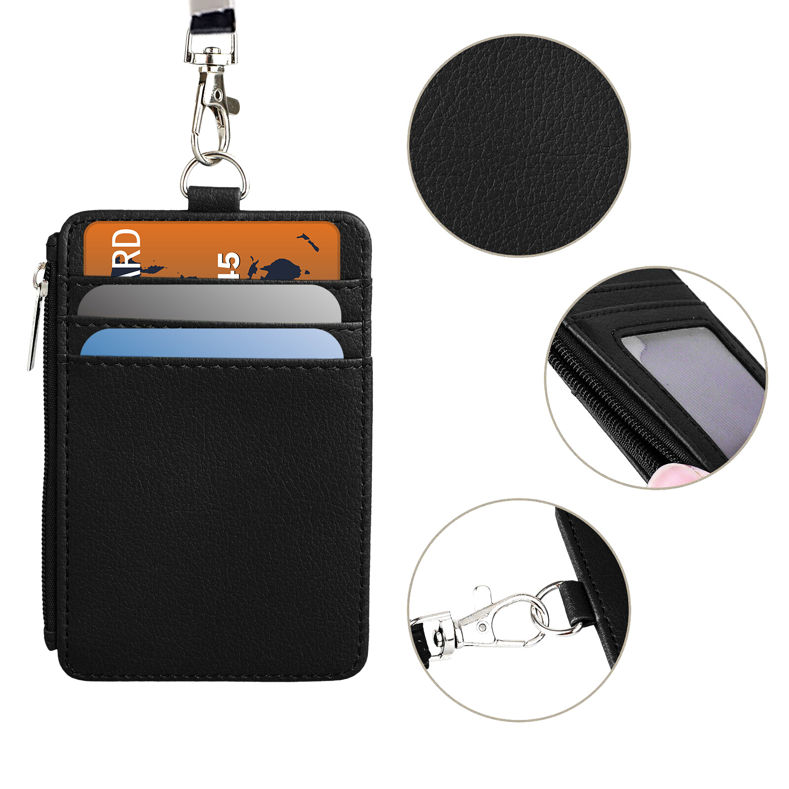ID Badge Card Holder Synthetic Leather Vertical Clip Neck Strap Lanyard Case