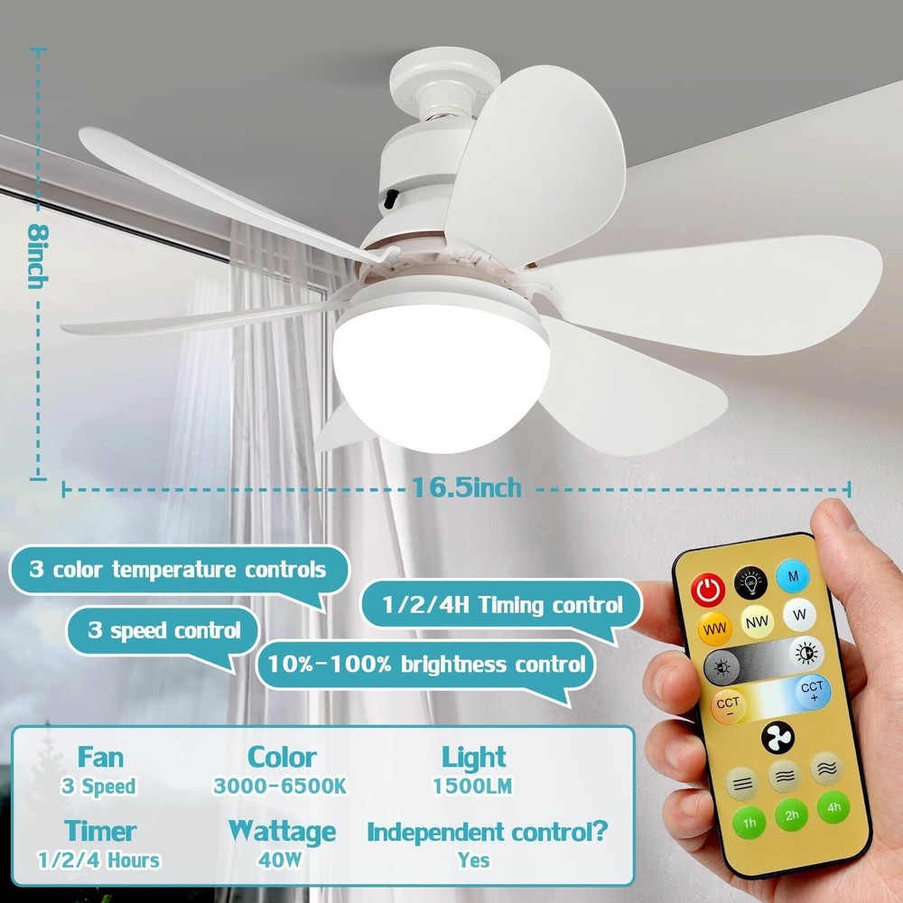 Ceiling Fan E27 Socket Fan 30W with Dimmable LED Light Remote Controller 3 Speed