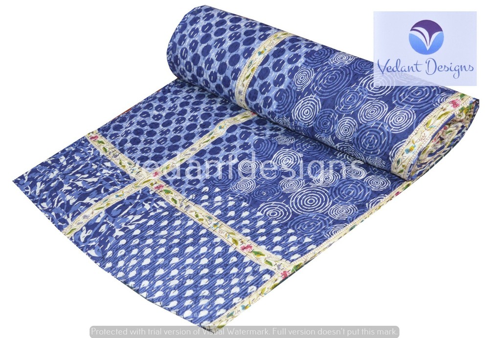 Indian Handmade Patchwork Kantha Quilt Reversible Bedspread Single Cotton