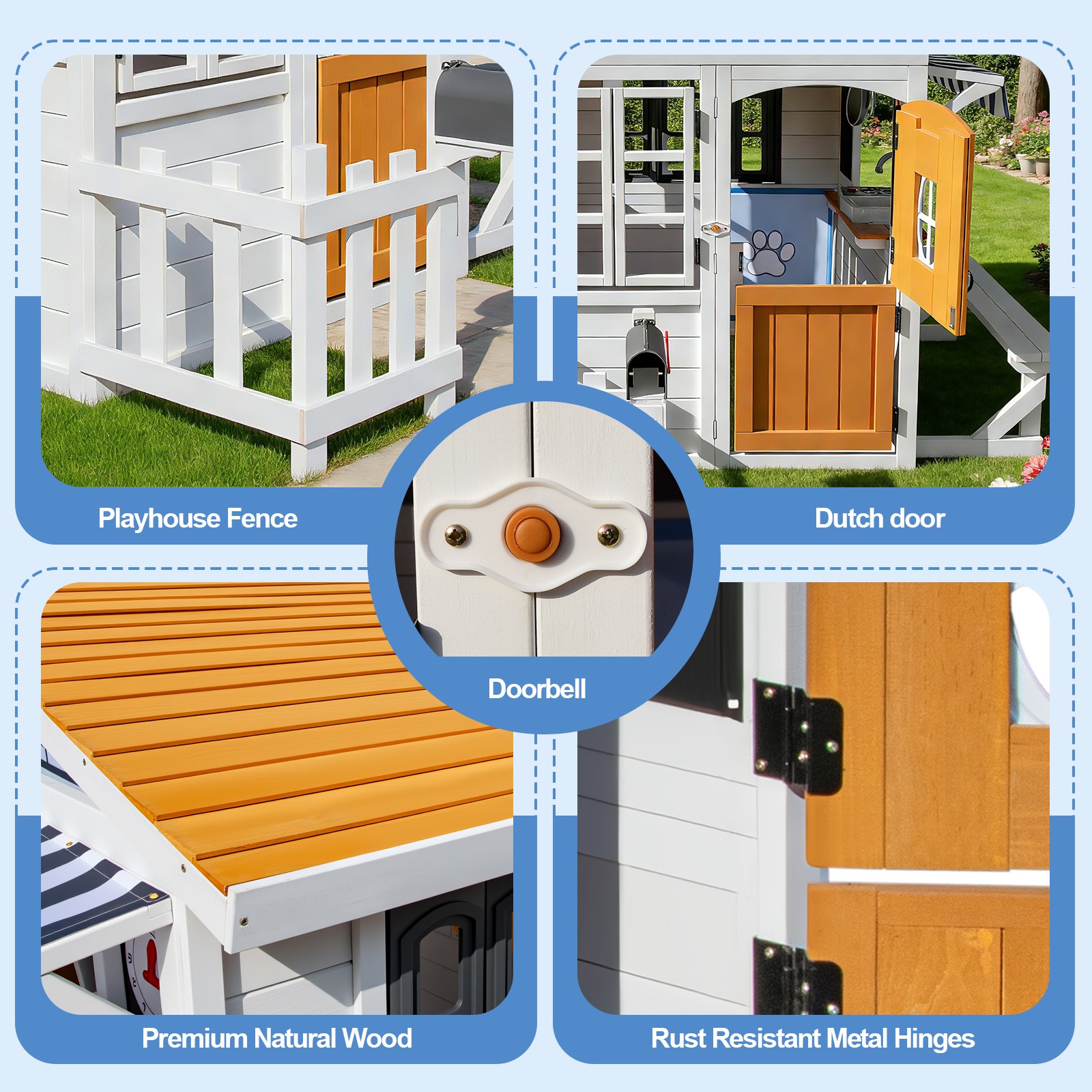 Wooden Kids Playhouse Cottage Play Kitchen,Bench,Mailbox,Tic-Tac-Toe,Chalkboards