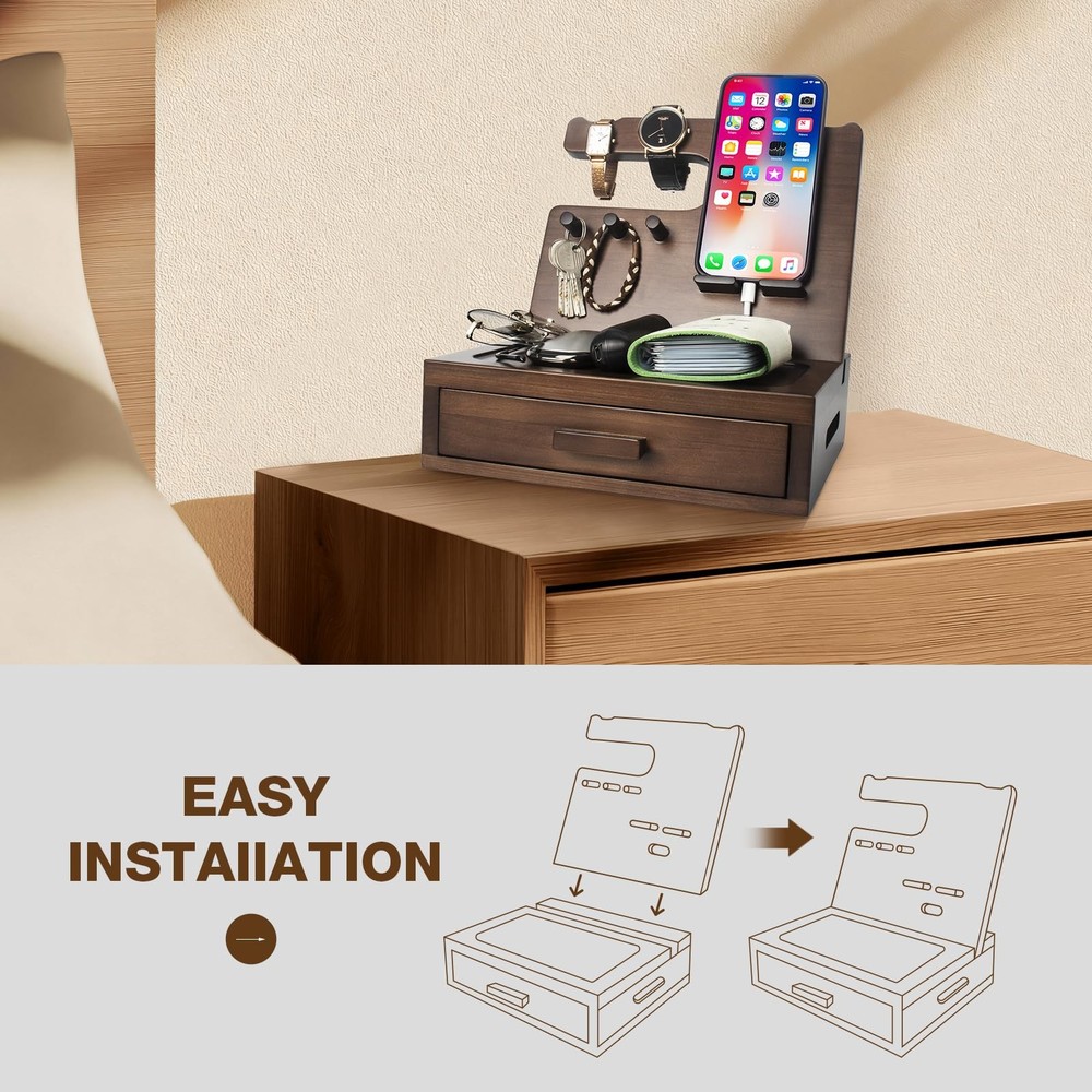 Solid Wood Nightstand Organizer Phone Docking Station Dark Walnut Cedar