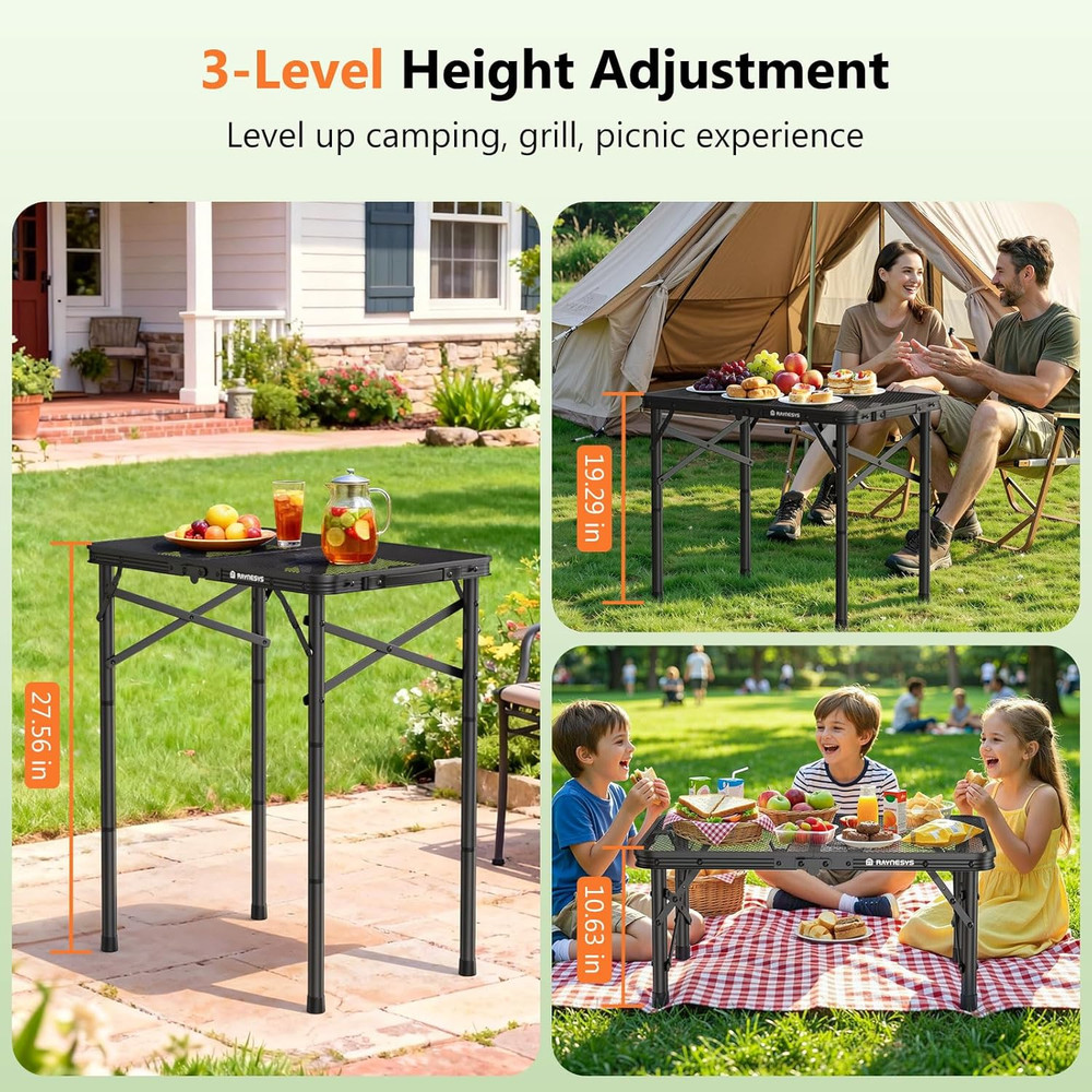 Folding Grill Table for Outside, 3 Height Adjustable Small Camping Table with Me