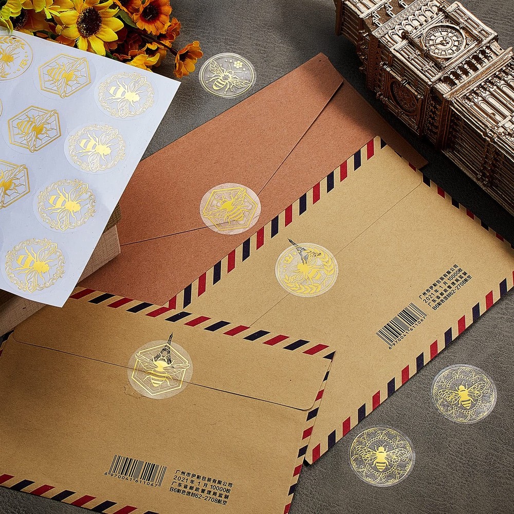 Gueevin 400 Pcs Bee Gold Foil Stickers Envelope Seal Clear