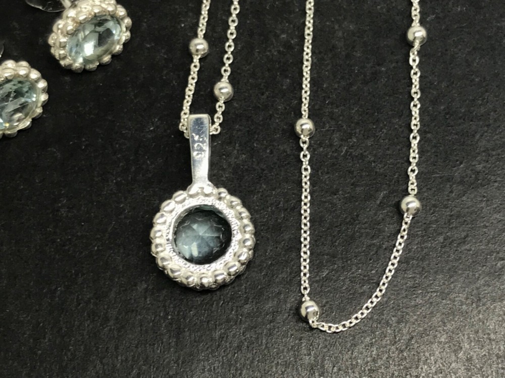 Blue topaz round pendant stud earrings set solid Sterling silver satellite chain