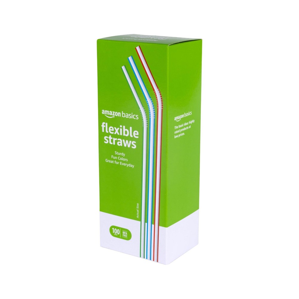 Amazon Basics Disposable Striped Plastic Flex Straws, 7.5" Long, Assorted Colors