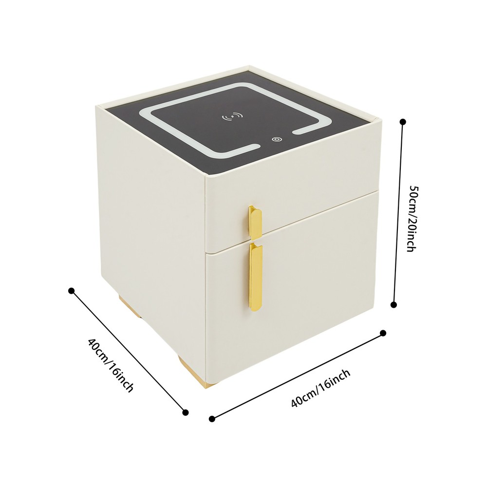 White Wireless Charging Bedside Cabinet w/Lock Bluetooth Speaker Bedside Table