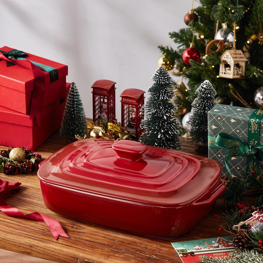 Lareina 4 Qt Ceramic Casserole Dish w/ Lid, Red Deep Rectangular Stoneware