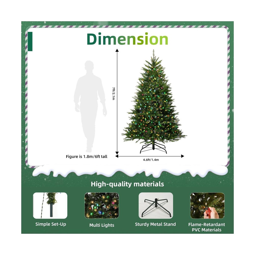 7FT Pre-Lit Artificial Christmas Tree with 700 Pre Lit Multicolored Lights, 2...