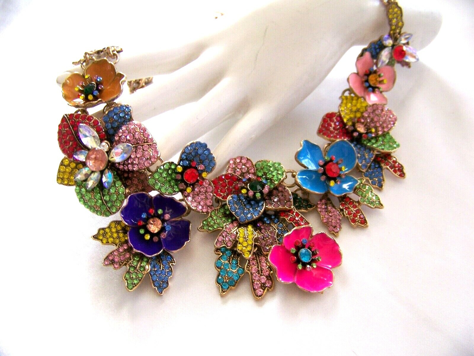 VALENTINE FLORAL BOUQUET VTG Style Pave Rhinestone Enamel Bib Necklace