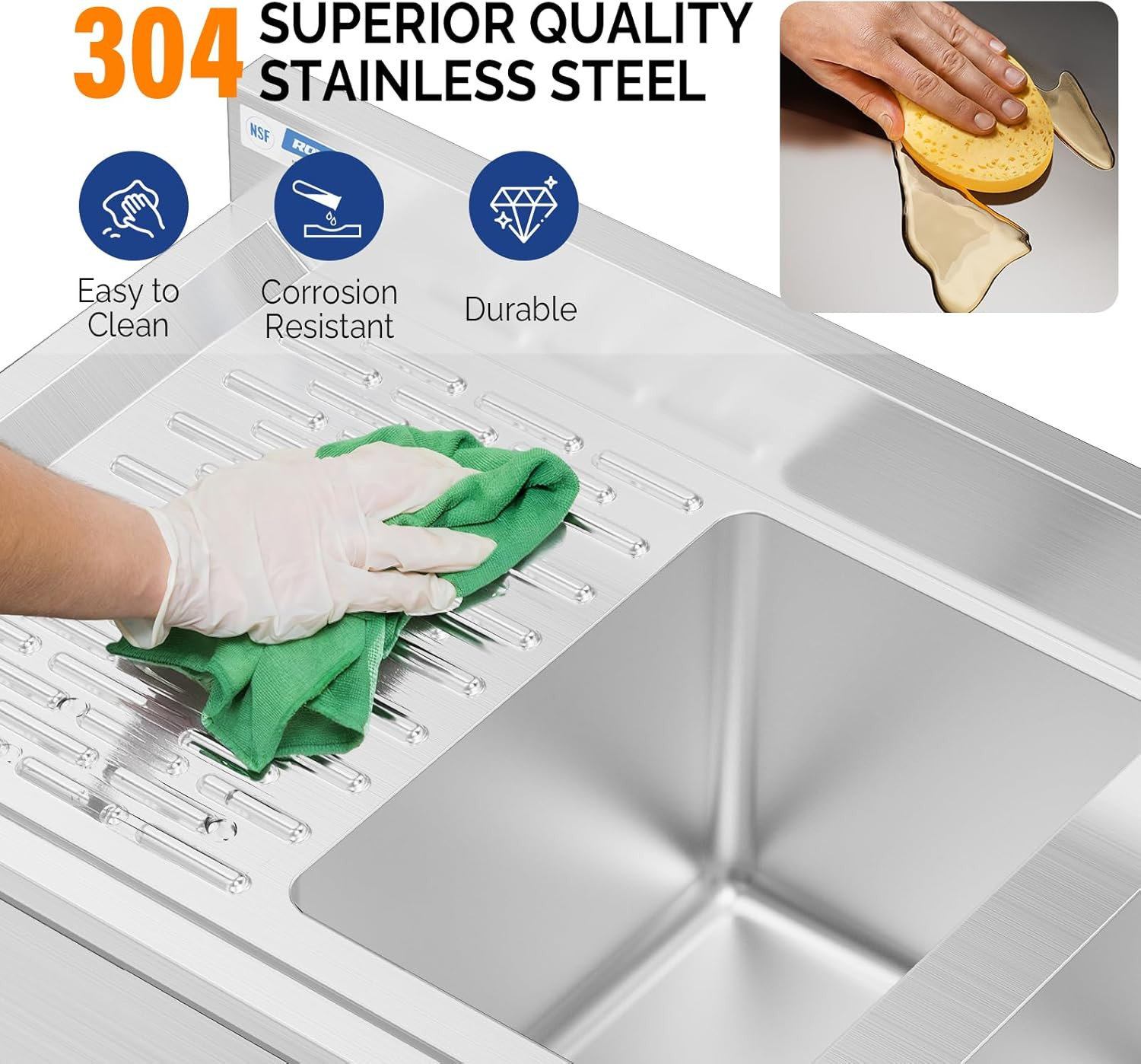 3 Compartment Commercial Sink with Double Drainboard 60"L x 18.4"W x 33"H Silver