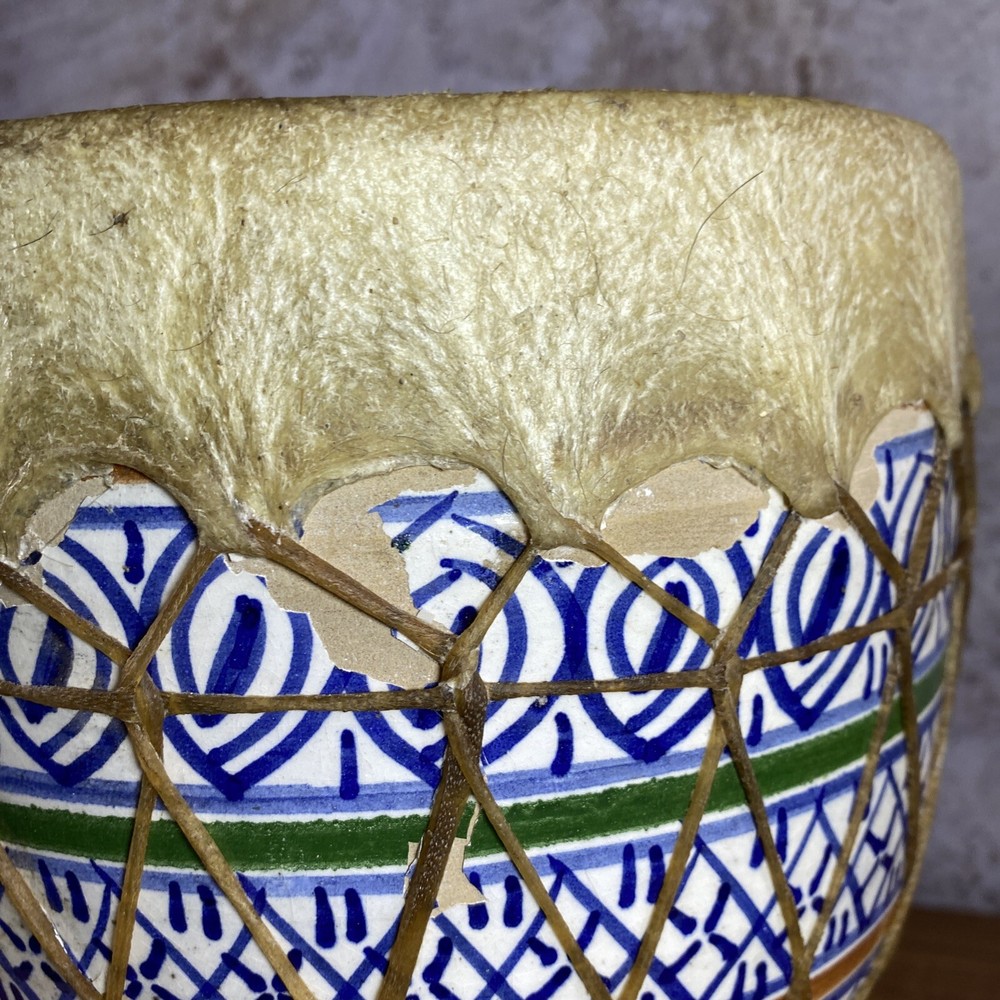 Vint Terracotta Paint Clay & Hide Double Bongo Drum Rustic Primitive Folk Art SH