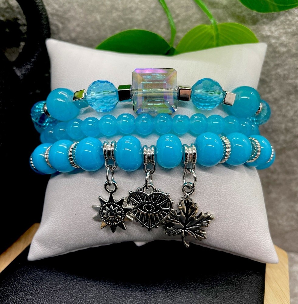 3 PC Handmade Boho Beaded Stackable 6.5” Plus Stretch Bracelet Set New B1329