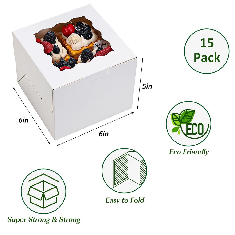 15pcs Bakery Boxes 6x6x5in Small Cake Boxes Cookie Boxes with Window White Cu...