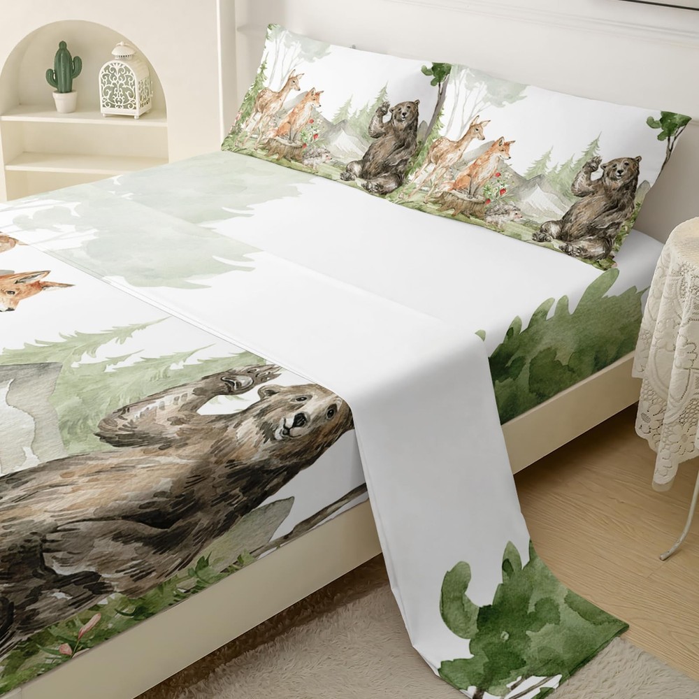 QOOMO Black Bear Watercolour Microfiber Flat Fitted Sheets Set for Children C...
