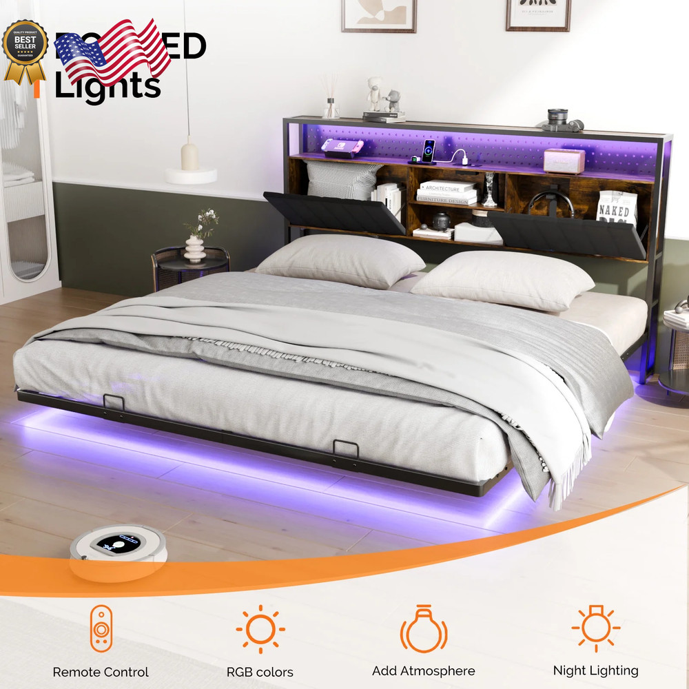 KING SIZE Floating Platform Bed Frame With Charging Station Storage Headboard