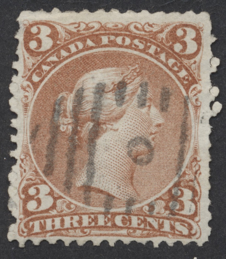 Canada #25b 3c Large Queen Thin Paper Fine Grid Cancel Worn Perfs