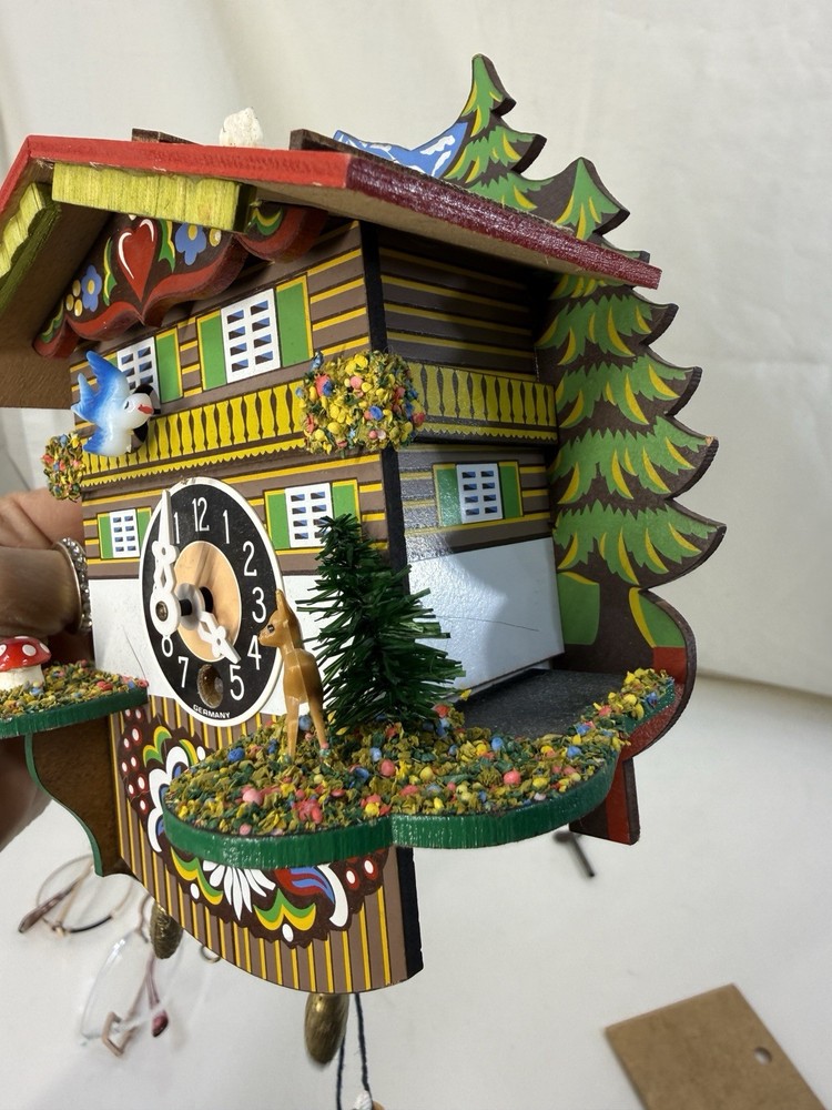 Vintage German Mini Cuckoo Clock w/ Bouncing Boy On Swing