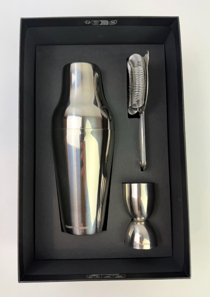 RARE Authentic Saint Laurent Cocktail Set - Shaker, Strainer, Jigger w/ Box