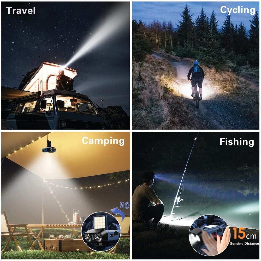 LED Headlamp Flashlight 1200LM Head Lights for Forehead USB Rechargeable Blue