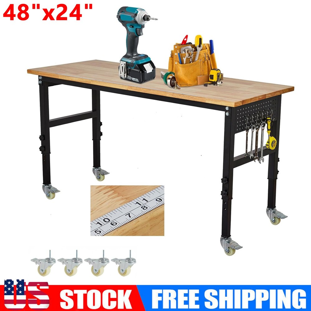 Adjustable Height Workbench 48" x 24" Work Bench Table w/Pegboard &Hooks 2200lbs