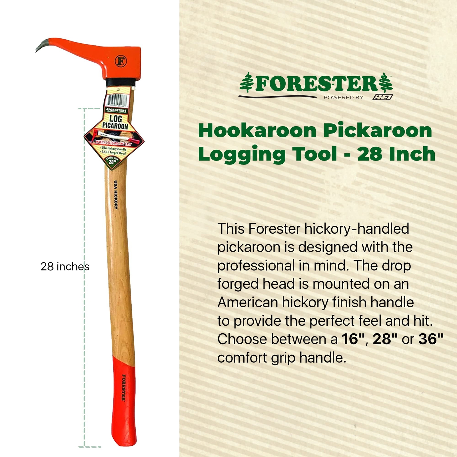FORESTER Hookaroon Pickaroon Logging Tool - 28 Inch USA Hickory Handle Forged...