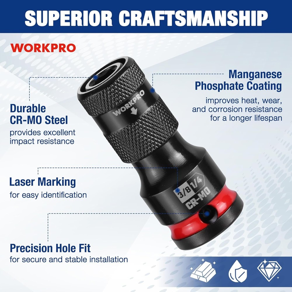 WORKPRO Quick Release Hex Impact Socket Adapter Holder Set 1/2" 3/8" 1/4" Drive