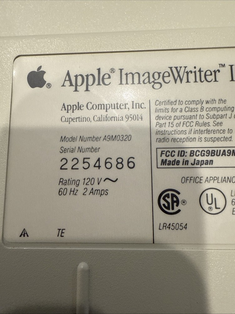 Apple ImageWriter II Printer A9M0320 Parts/ Missing Back & Front Cover. Read!!
