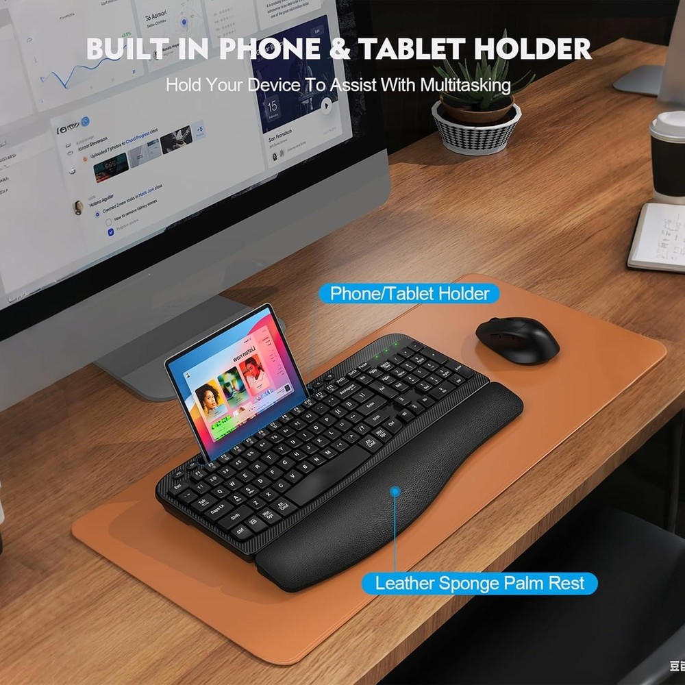 Ergonomic Wireless Keyboard Mouse Combo Wave Keys Wrist Rest USB-C PC Mac