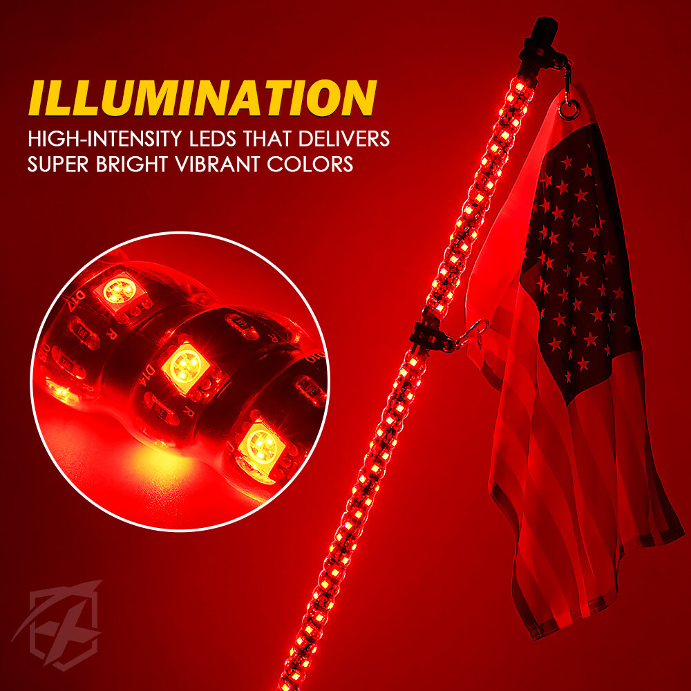 5FT RED Spiral LED Whip Lights G3 Series with USA Flag For Jeep ATV UTV RZR SXS