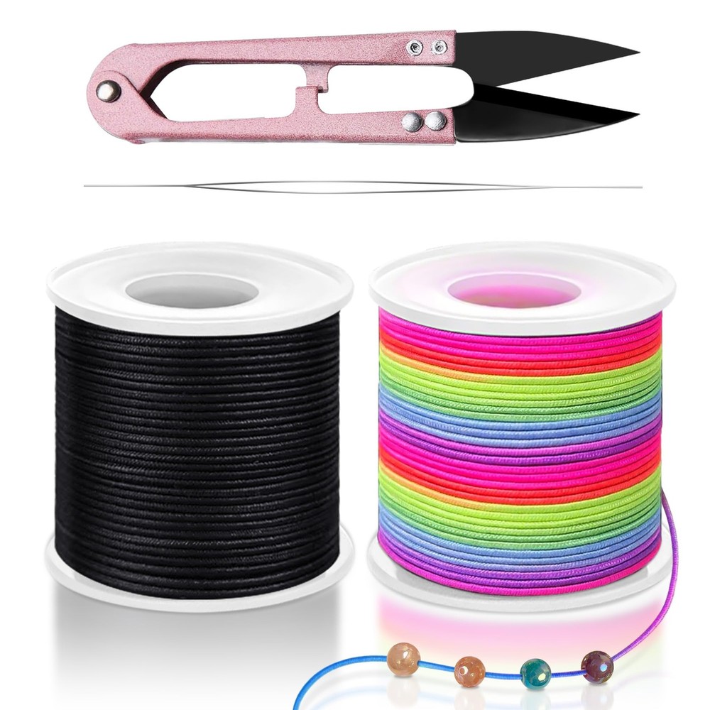 Profasion Stretchy String for Bracelets, Rainbow+Black, Rainbow+black