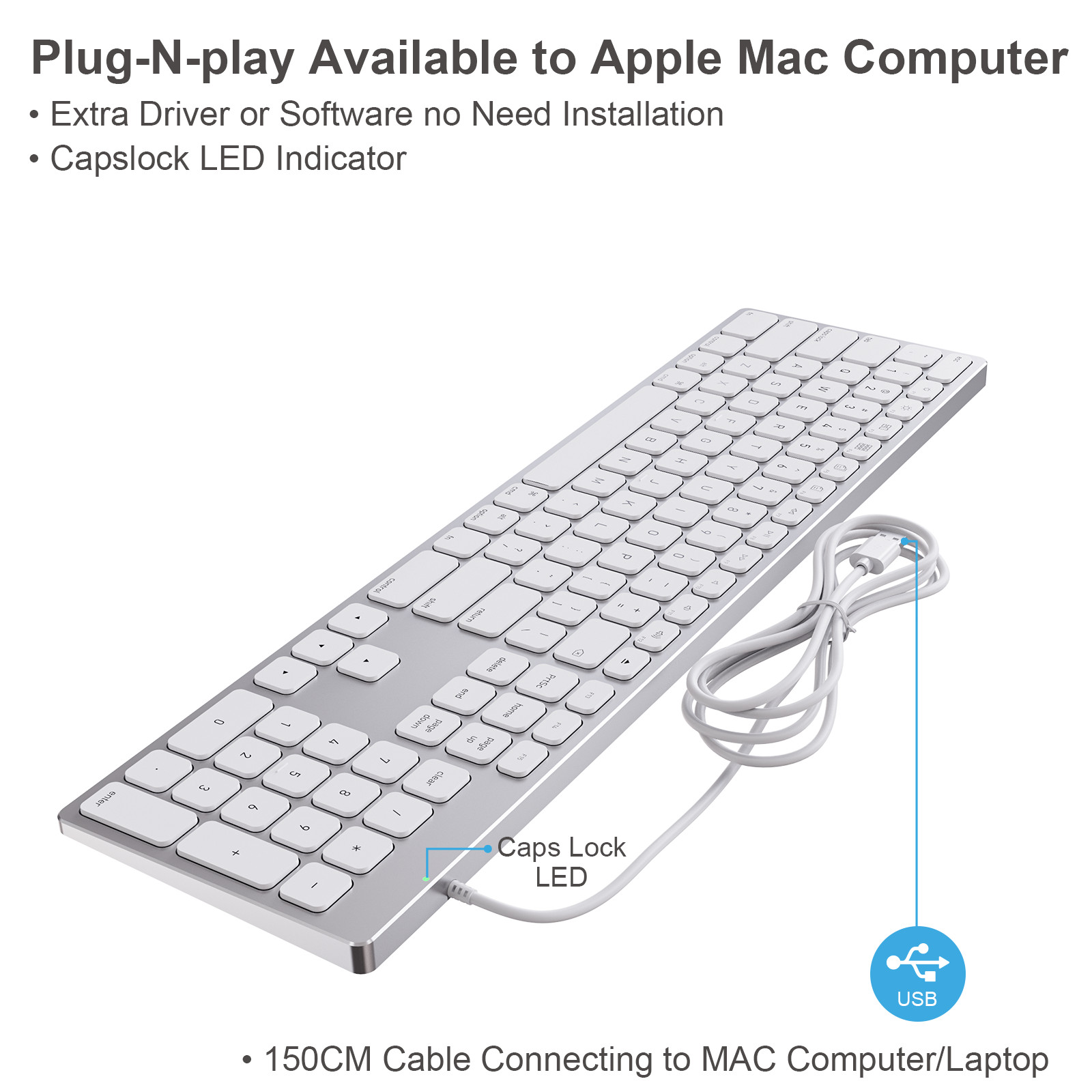 Aluminum Wired Keyboard for Mac OS Devices with Numeric Keypad for Apple iMac