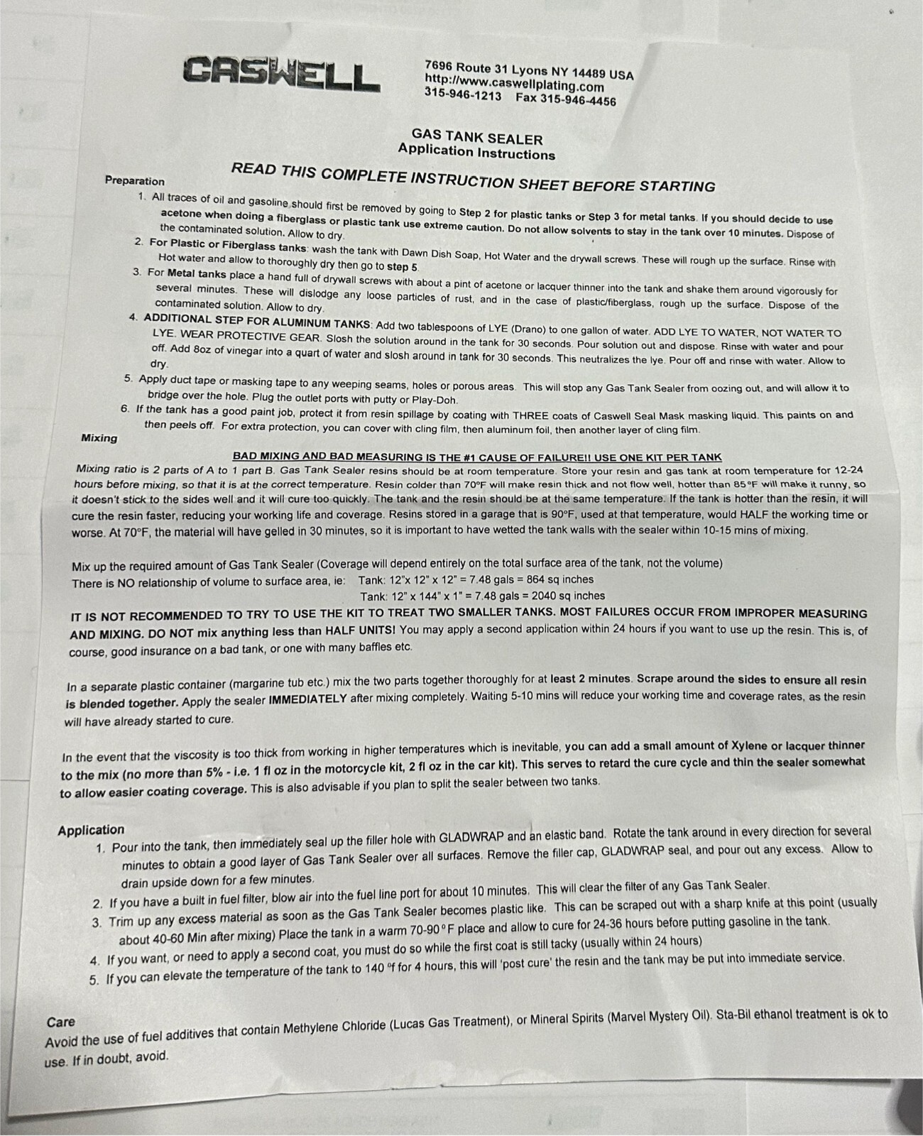 NEW CLEAR CASWELL EPOXY GAS TANK SEALER COVER UPTO 10GALLONS 363J