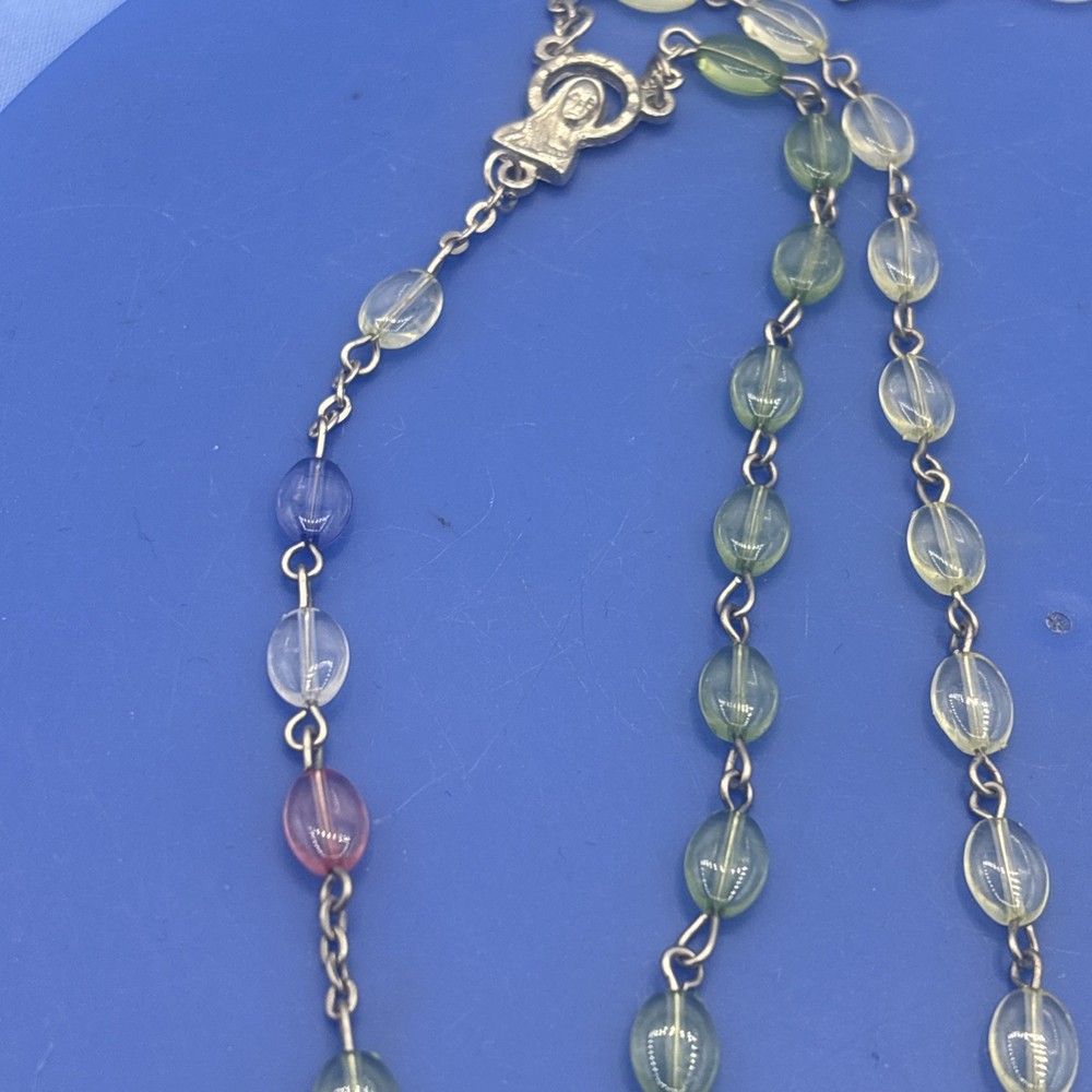 Vtg Pastel Translucent Rosary Oval Beads Crucifix Catholic Prayer Beads Easter