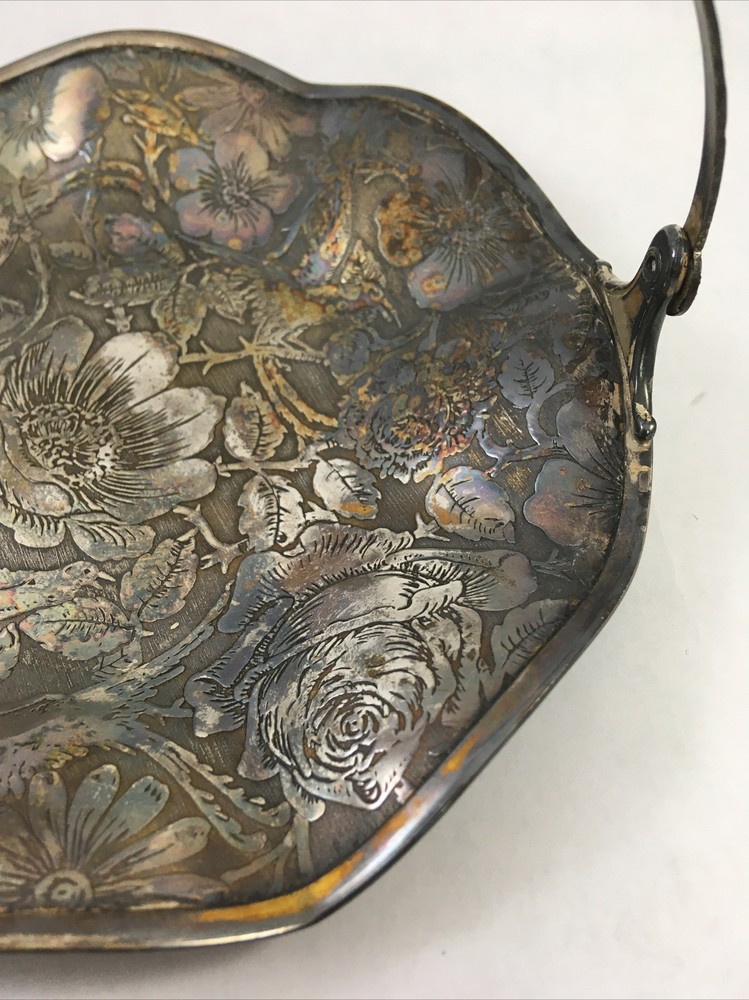 Tapestry Silverplate Floral Embossed Handled Basket Trinket Dish Display