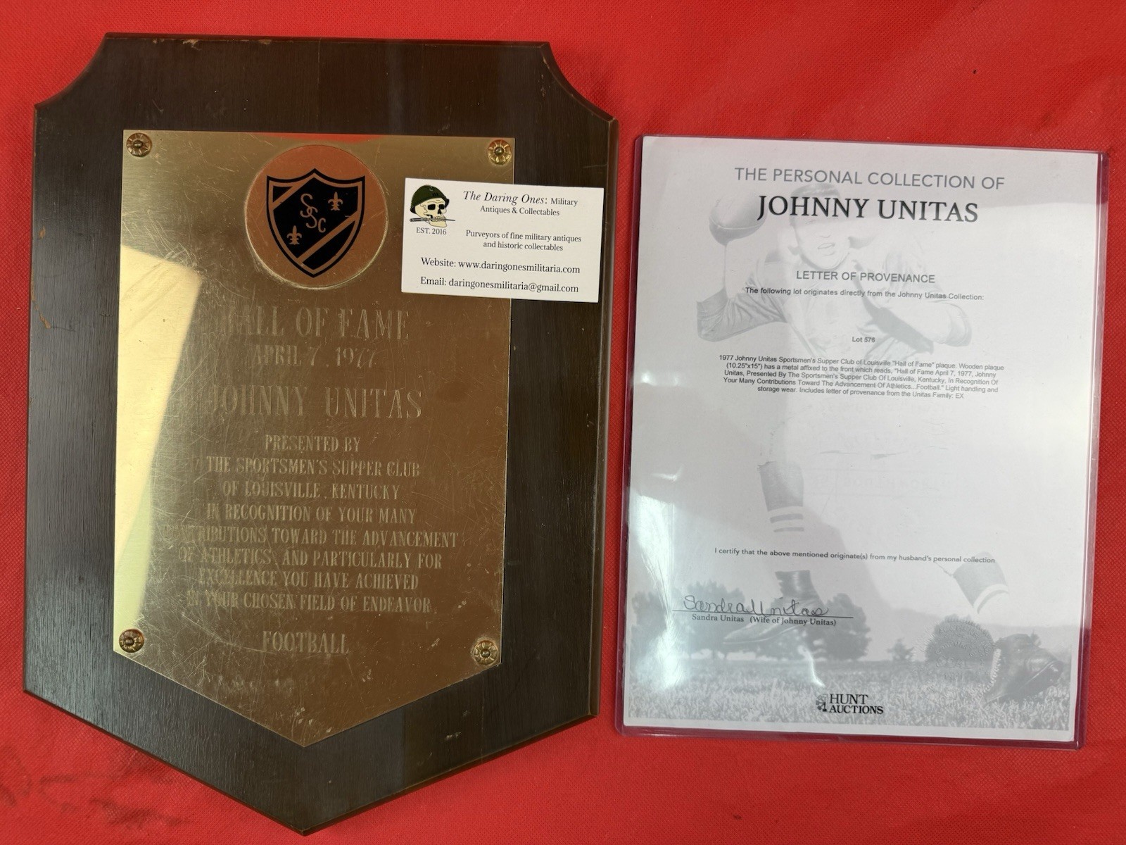 Original Johnny Unitas Personally Owned Award Plaque With COA