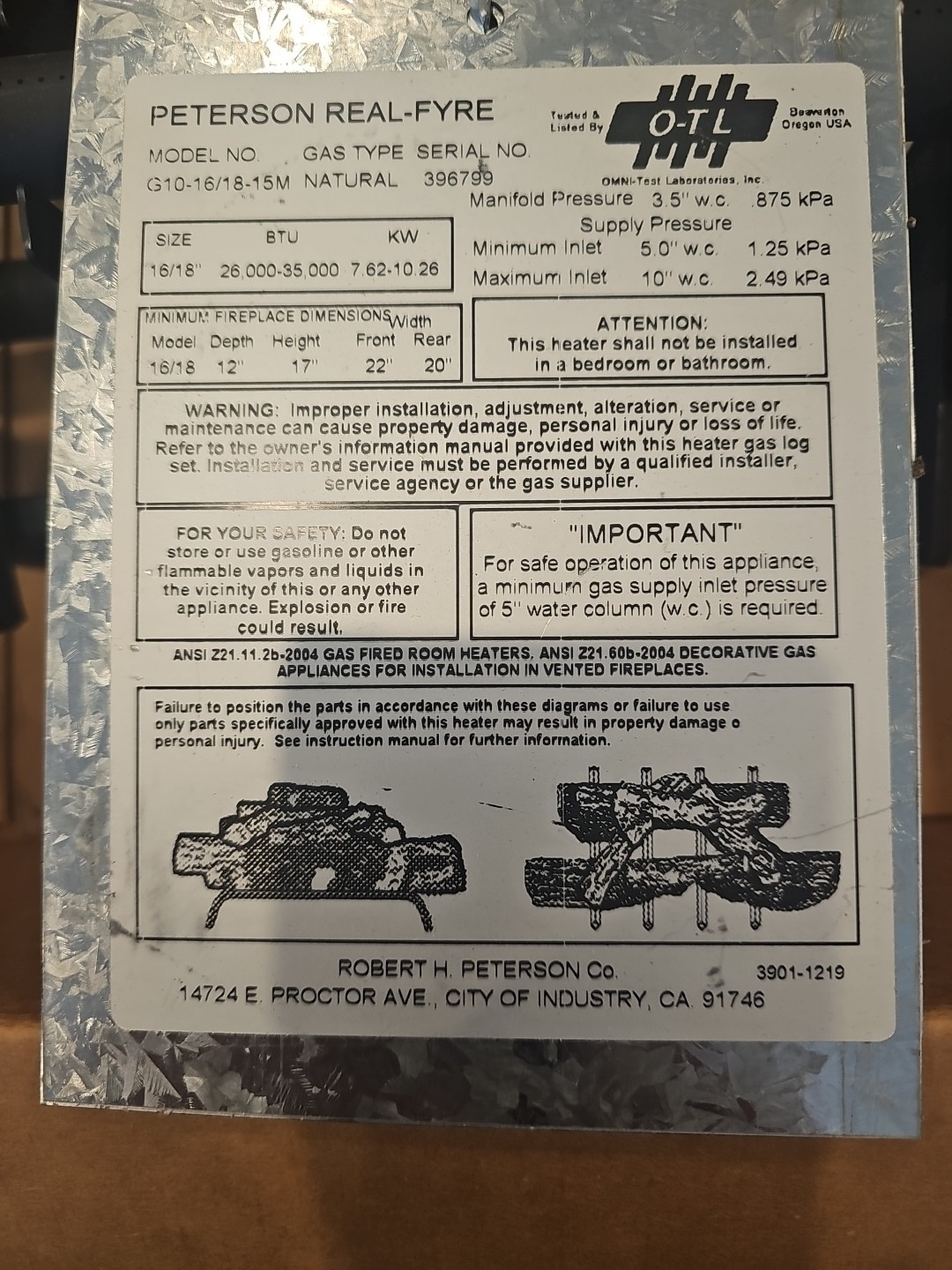 Petersen RealFyre G10 16/18" Gas-Log Natural Gas Burner System Vent Free