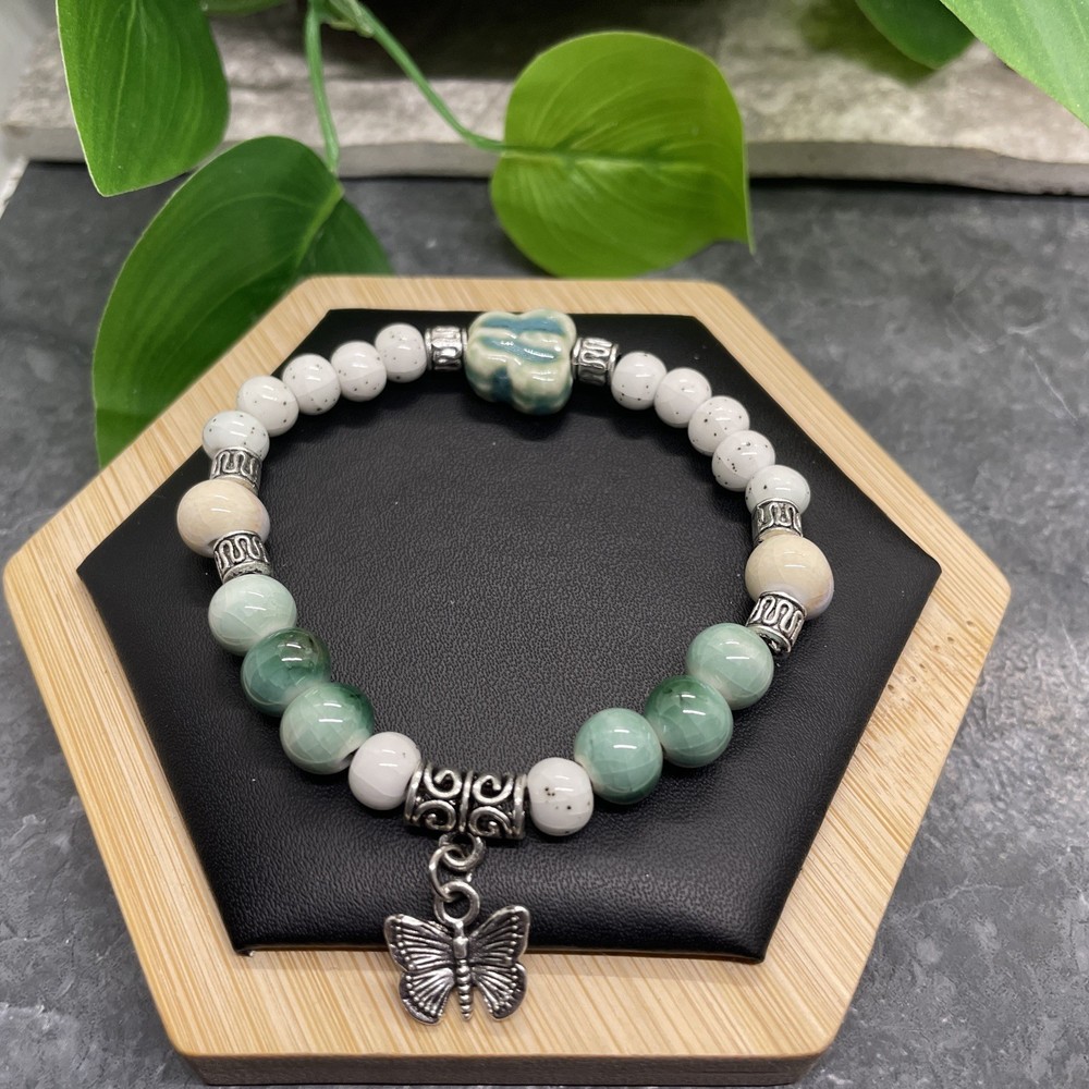 Handmade Ceramic Bead Beaded Stackable 6.5” Plus Stretch Bracelet New B414