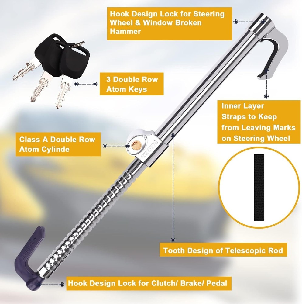 Universal Steering Wheel Brake Lock Anti-Theft Retractable Double Hook Extend...